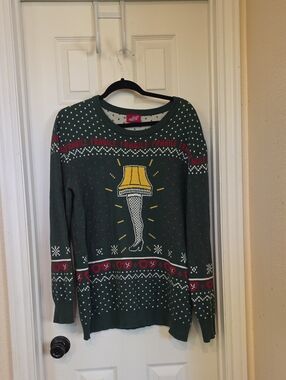 Dark Green Crewneck Sweater with Yellow Leg Lamp Graphic